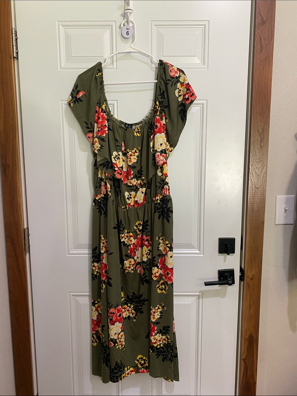 Du Jour Olive Green Floral Maxi Dress with Red & Cream Blooms